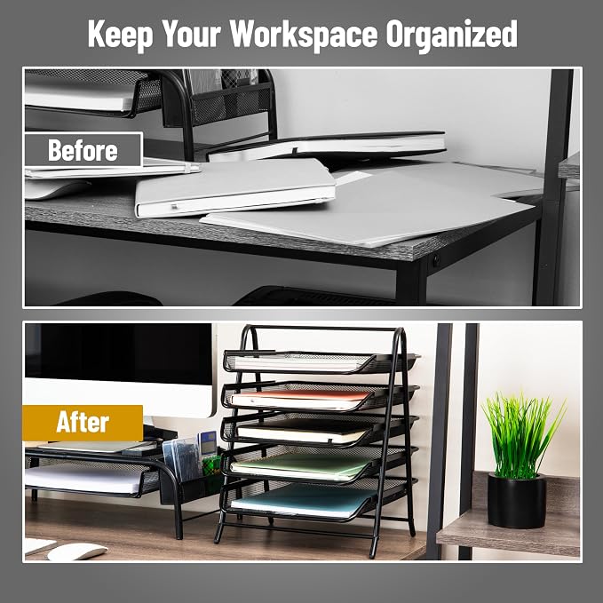 Mind Reader 5-Tier Paper Tray Organizer, Vertical Desktop File Storage Rack, Office, Metal Mesh, Black - Image 5