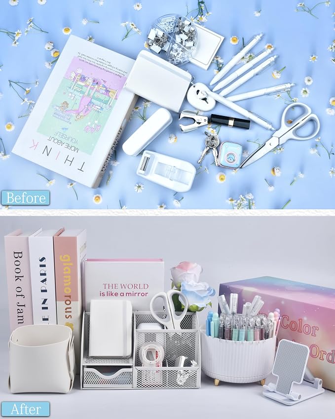 LXEVIHK 20Pcs White Desk Organizers and Accessories With Mesh Desk Organizer and 360°Rotating Pen Holder and a Lot of Office White Office Supplies Beautifully Presented in a Gift Box - Image 7