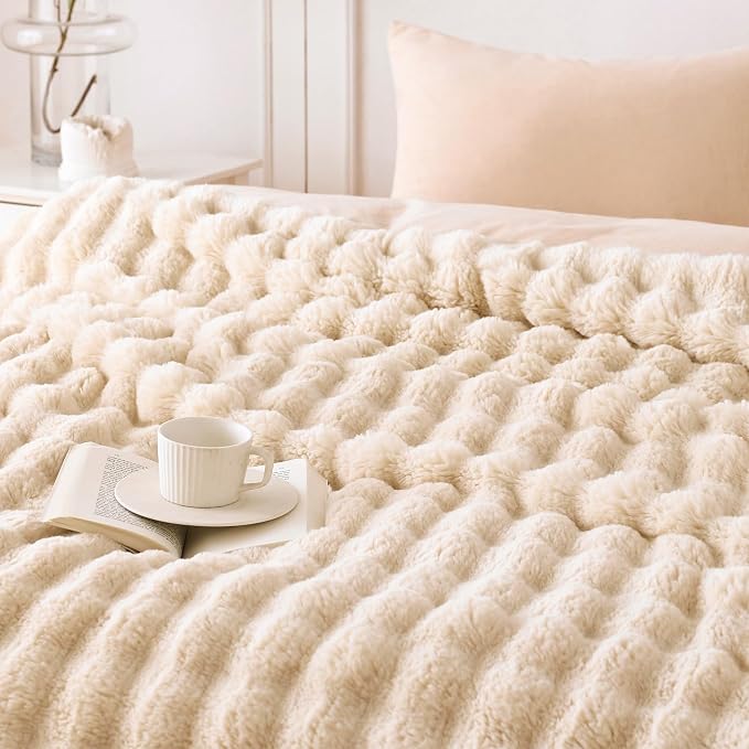 COOVA Faux Fur Throw Blanket for Couch, Cozy Soft and Fuzzy Plush Rabbit Fur Bubble Blanket for Sofa Bedroom Living Room, 50x60 Inches Light Taupe - Image 3