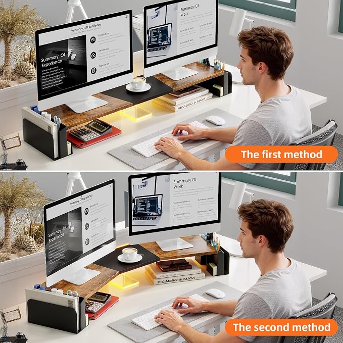 WESTREE Dual Monitor Stand Riser with Pen Holder, Computer Monitor Riser with Adjustable Angle and LED Light, Desktop Monitor Stand Riser Storage Organizer for Computer, Laptop, Printer, TV(Rustic Brown) - Image 2