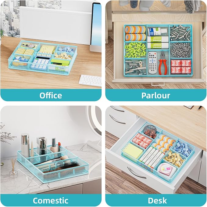 Marbrasse Desk Drawer Organizer, Metal Mesh Drawer Organizer Tray with 5 Adjustable Compartments,Desk Organizers and Accessories for Home,Office,Kitchen,Makeup,Vanity (Blue) - Image 4