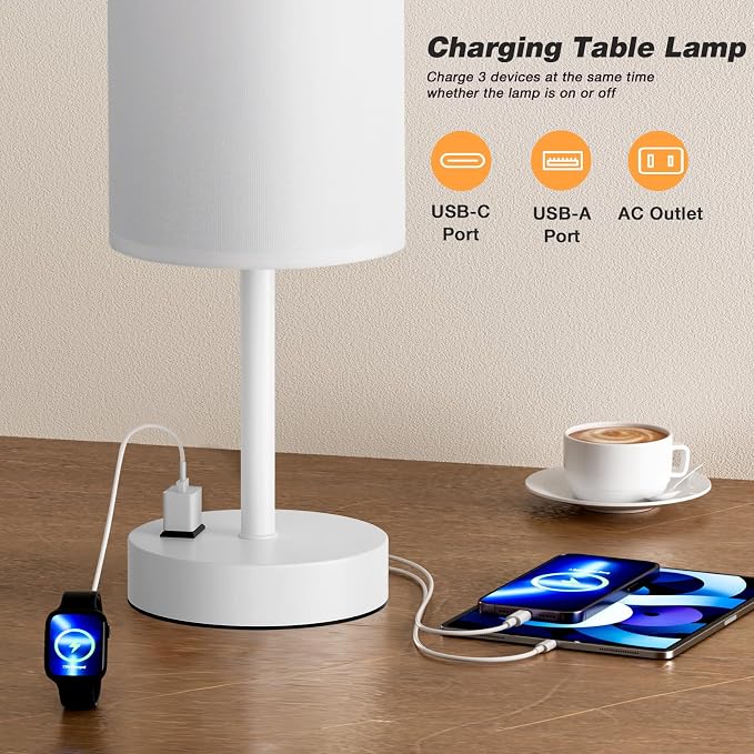 Fenmzee White Nightstand Bedroom Lamp - 3 Way Dimmable Bedside Lamp USB C A Charging Ports and AC Outlet, Small Table Lamp Linen Lampshade for Office Desk - Image 3