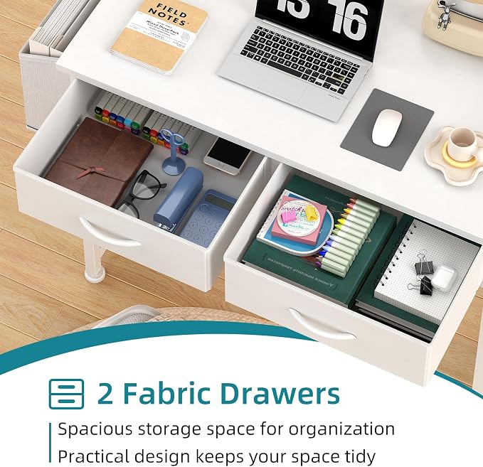 CAIYUN Small White Desk with Fabric Drawers for Bedroom, 31 Inch Home Office Desk with Side Pocket and Hook for Small Space, Makeup Vanity Desks Kid’s Desks to Writing Made of Wood and Metal, White - Image 6