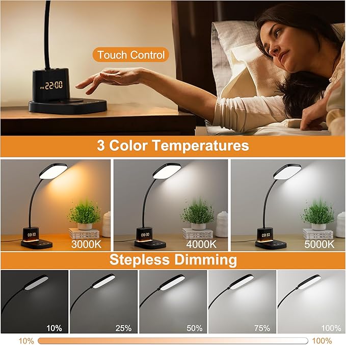 10W Wireless Charging LED Desk Lamp with Clock, Light Black | CRI 95, 800LM, Stepless Dimming, 3 Modes, 360°Flexible Arm, Touch, Study Table Lamp for Home Office, Dorm Room, with Adapter - Image 5