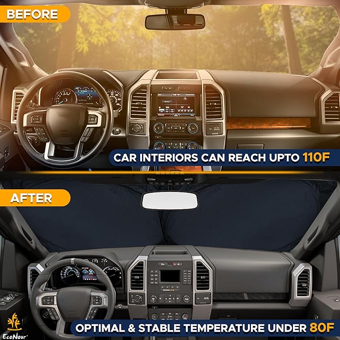 EcoNour Truck Windshield Sun Shade with Storage Pouch | Reflective 240T Material Sun Shield for UV & Heat Protection | Foldable Windshield Cover | Must-Have Truck Accessories | X-Large (69"x35") - Image 4