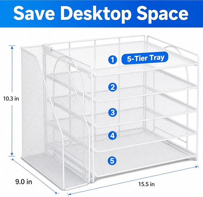 OPNICE Desk Organizer, 5-Tier Paper Organizer Letter Tray with Magazine Holder, Office Desk Accessories & Workspace Organizers, Desktop File Organizer for Office Supplies Storage, White - Image 3