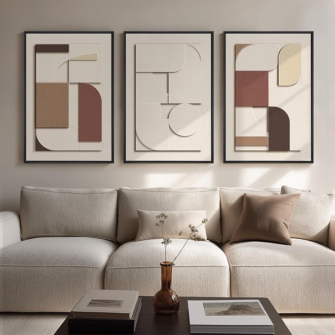 Large 3D Textured Framed Neutral Abstract Wall Art, Beige Brown Geometric Paintings Artwork for Walls, 3 Piece Modern Minimalist Earth Tone Pictures for Living Room Dining Bedroom Wall Decor 20x30 In - Image 2