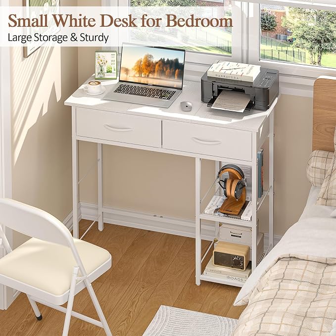 ThreeHio Small Writing Desk with 2 Drawers, White Computer Desk with Storage Shelf, Home Kids Study Table for Small Spaces, Simple Desk for Bedroom, Home Office, Living Room, Dorm, Vanity Desk, White - Image 3