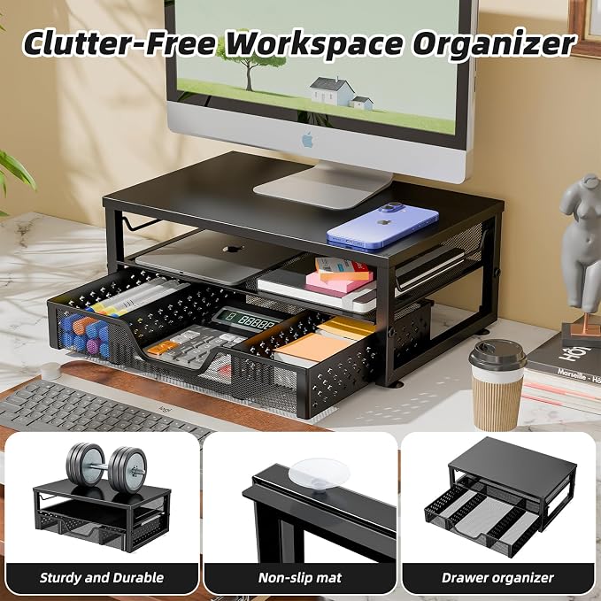 Simple Trending Monitor Stand Riser with Drawer, Black for Home Office | Metal 2-Tier Monitor Stand with Hidden Drawer | Ergonomic Neck Support | Desk Organizer | Space Saving | Fast Setup - Image 8