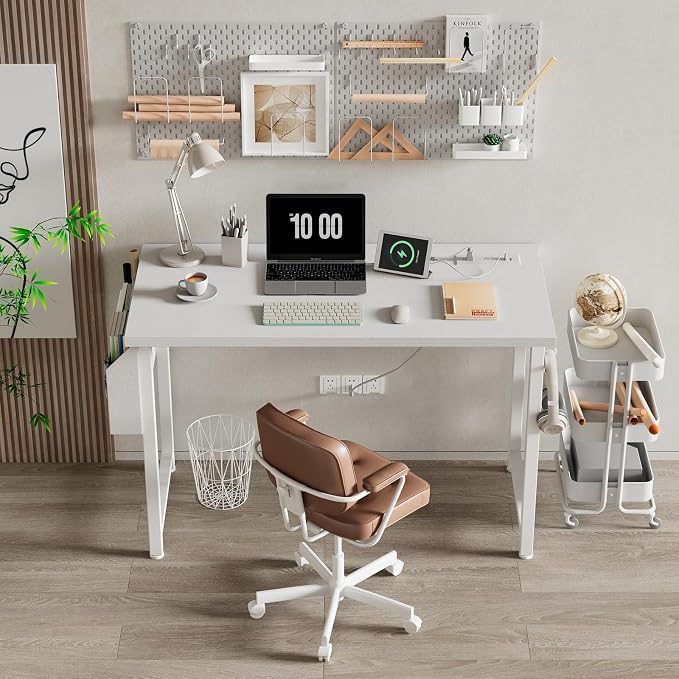 Lufeiya White Computer Desk with Power Outlet, 40 inch Simple Teen Study Table Home Office Work Writing Desks with Charging Station Outlets USB Port Built in, Storage Pocket，White - Image 2