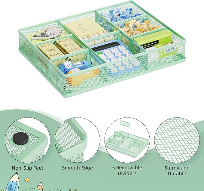 Marbrasse Desk Drawer Organizer, Metal Mesh Drawer Organizer Tray with 5 Adjustable Compartments,Desk Organizers and Accessories for Home,Office,Kitchen,Makeup,Vanity (Green) - Image 5