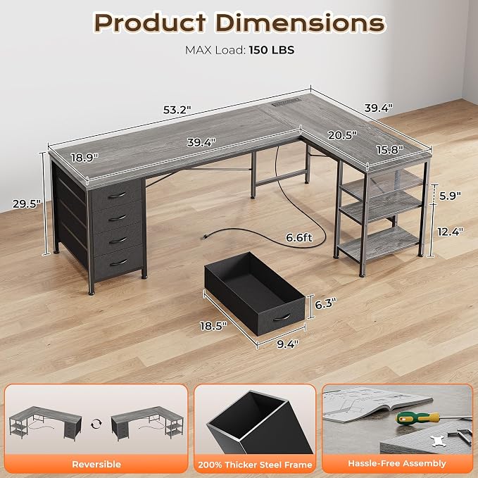 Huuger 55 Inch L Shaped Desk with Fabric Drawers, Reversible Computer Gaming Desk with Power Outlets and USB-C Port, Adjustable Side Storage Shelves, for Work Study Corner Home Office, Grey,1CD078H - Image 3