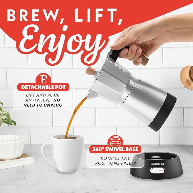 Gourmia Electric Moka Pot Espresso Maker – 6 Shot Italian-Style Coffee Brewer, 550W Detachable 360° Cordless Base, Food-Grade Aluminum, Beechwood Handle - Image 4