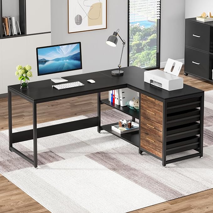 Tribesigns L Shaped Computer Desk with Storage Drawers, 59 inch Corner Desk with Shelves, Reversible L-Shaped Office Desk Study Writing Table Workstation for Home Office, Black - Image 3