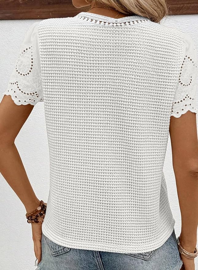 SHEWIN Womens Frenchy Summer Tops Crewneck Short Sleeve T Shirts Casual Waffle Knit Jacquard Blouses Top Shirts - Image 2