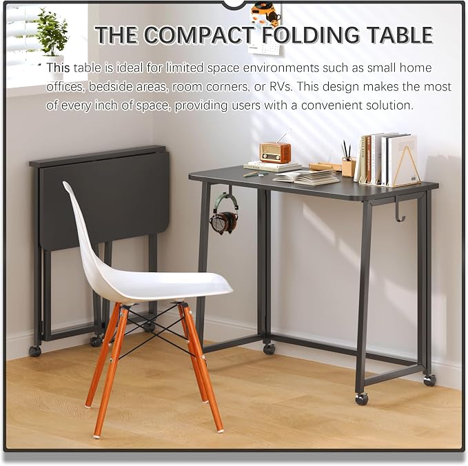 4NM 31.5" Mobile Small Folding Desk, Foldable Rolling Computer Home Office Desk, Study Writing Table for Small Space Saving Bedroom, with Wheels - All Black - Image 3