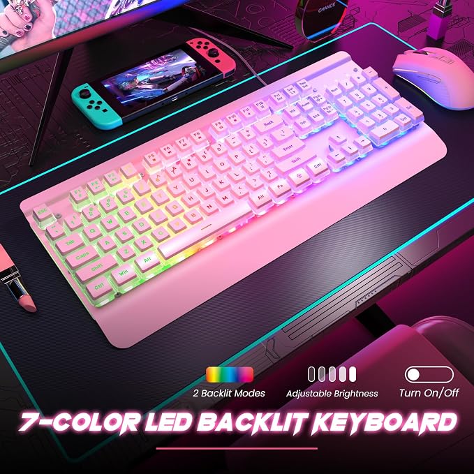 Pink Creamy Keyboard, 104 Keys All-Metal Panel, Rainbow LED Backlit Silent Gaming Keyboard, Wrist Rest, PBT Keycap, Anti-ghosting Keys, Light Up USB Wired Computer Keyboard for PC | Pink Creamy Keyboard Rainbow LED Backlit, Wrist Rest, PBT keycaps, Ant... - Image 2