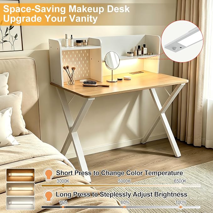 Lightdot 44"×24" White Computer Desk with Motion Sensor Light, Home Office Gaming Desk with Charging Station Pegboard, Modern Study Desk for Work Bedroom Game Kids Room Living Room - Image 5