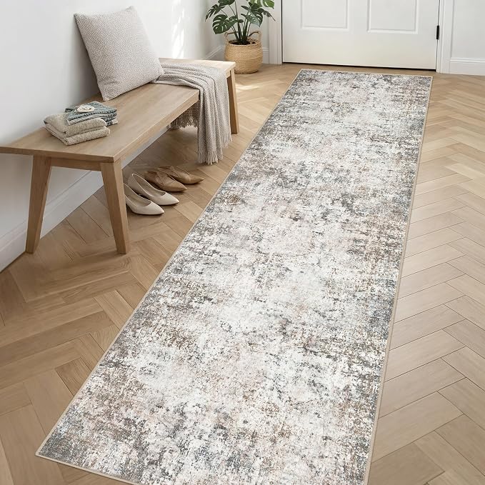 Washable Area Rug 3x14 Entryway Rug: Washable Modern Abstract Soft Thin Rug Indoor Floor No Slip Stain Resistant Carpet for Bedroom Dining Room Farmhouse Nursery Home Office - Brown Grey - Image 3