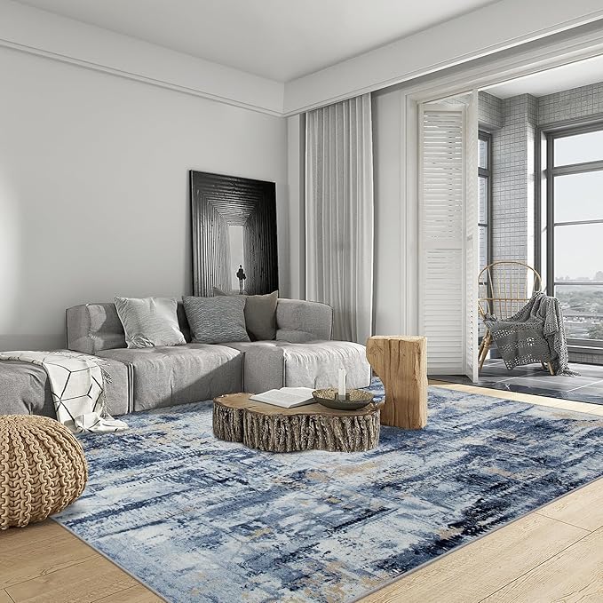 5x7 Area Rugs Washable Rug: Modern Abstract Living Room Rug Soft Anti-Skid Thin Carpet Indoor Floor Non-Shedding Carpets for Bedroom Dining Room Farmhouse Nursery Home Office - Blue Gold - Image 3