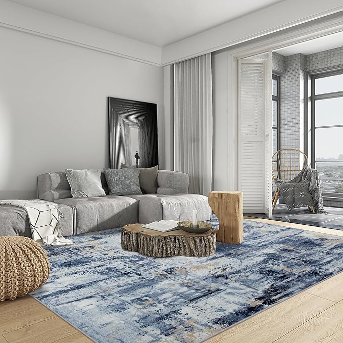 6x9 Area Rugs Washable Rug: Large Modern Abstract Living Room Rug Soft Anti-Skid Thin Carpet Indoor Floor Non-Shedding Carpets for Bedroom Dining Room Farmhouse Nursery Home Office Blue Gold - Image 3