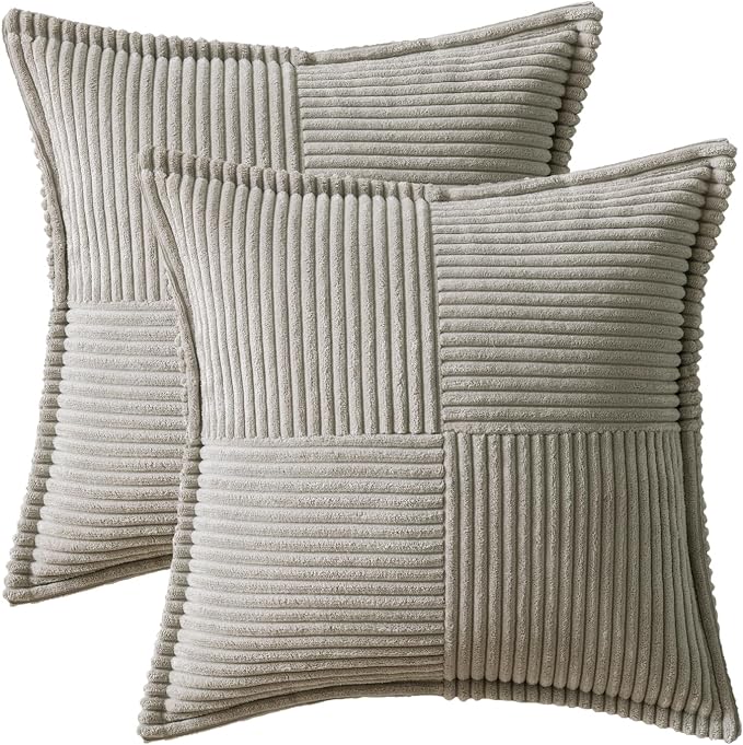 MIULEE Decorative Throw Pillow Covers for Couch Bed Livingroom 20x20 Inch Set of 2 Light Grey Boho Accent Throw Pllows Broadside Striped Patchwork Soft Corduroy Pillowcases - Image 6