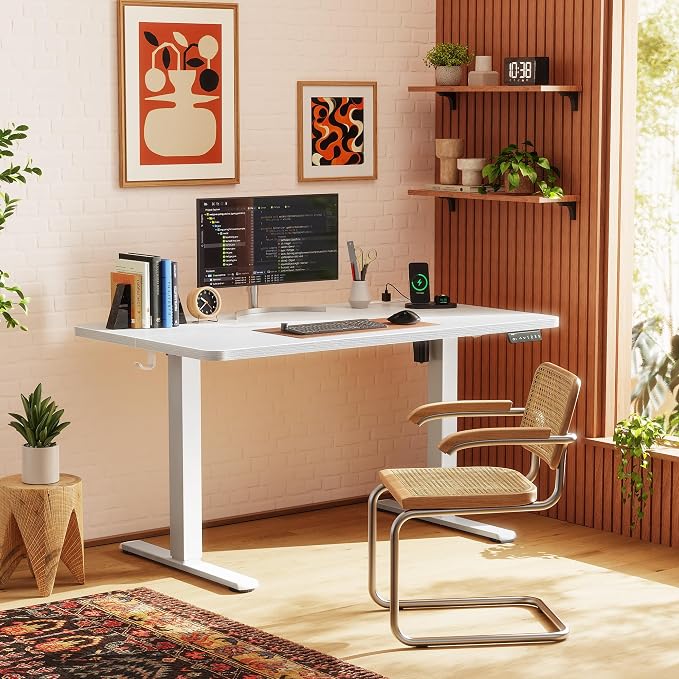 Huuger Electric Standing Desk with Power Outlets and USB-C Port, 47 X 24 Inch Height Adjustable Desk, Sit Stand Desk for Home Office, Computer & Gaming Desk with 4 Presets, Stable Steel Frame, White - Image 2