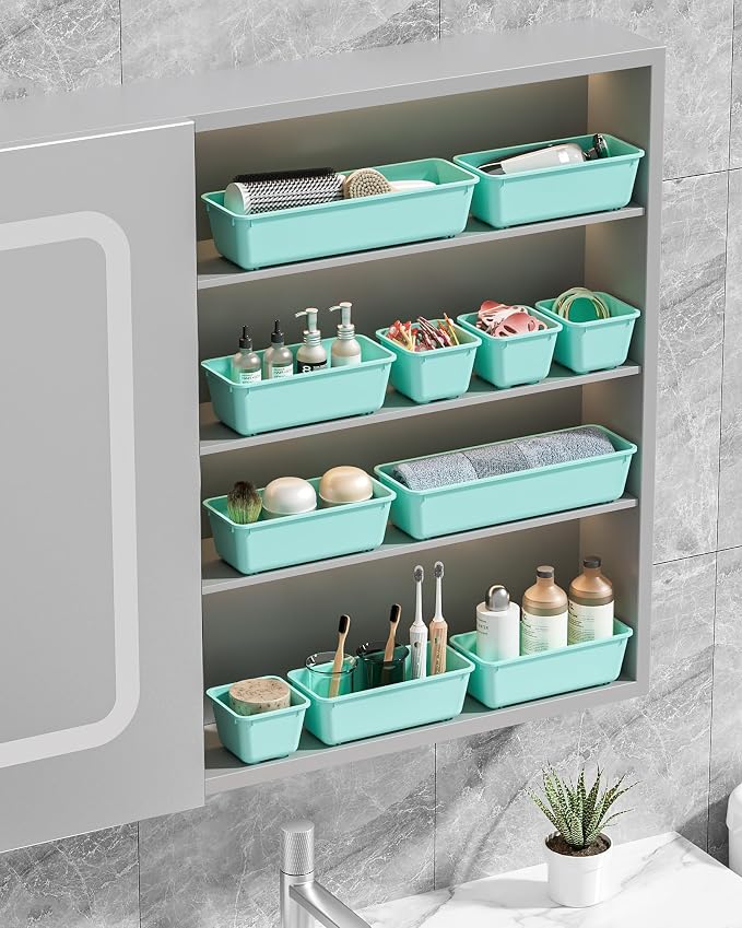 Canfanni 13 Pack Plastic Drawer Organizers Set, 3 Sizes Desk Drawer Organizer Trays for Vanity and Makeup Organizer, Organization and Storage for Makeup, Kitchen Utensils, Bathroom and Office(Blue) - Image 7