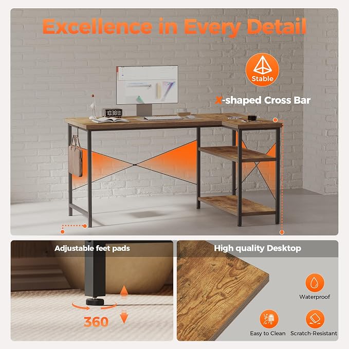 Mericonia 39 inch Corner Desk with Shelves, Small L Shaped Gaming Desk | Reversible Computer Desk with Hooks, Office Table for Home Bedroom Study Work Writing - Image 6