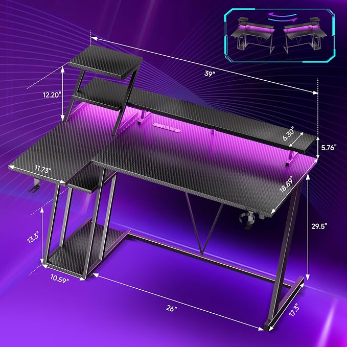 Korfile 40 Inch Gaming Desk with LED Lights & Power Outlet, L Shaped Computer Gaming Table with Storage Shelves, Reversible Corner Desk with Monitor Stand for Home Office, Carbon Fiber Black | L Shaped Computer Gaming Table, Reversible Corner Desk, Sto... - Image 2