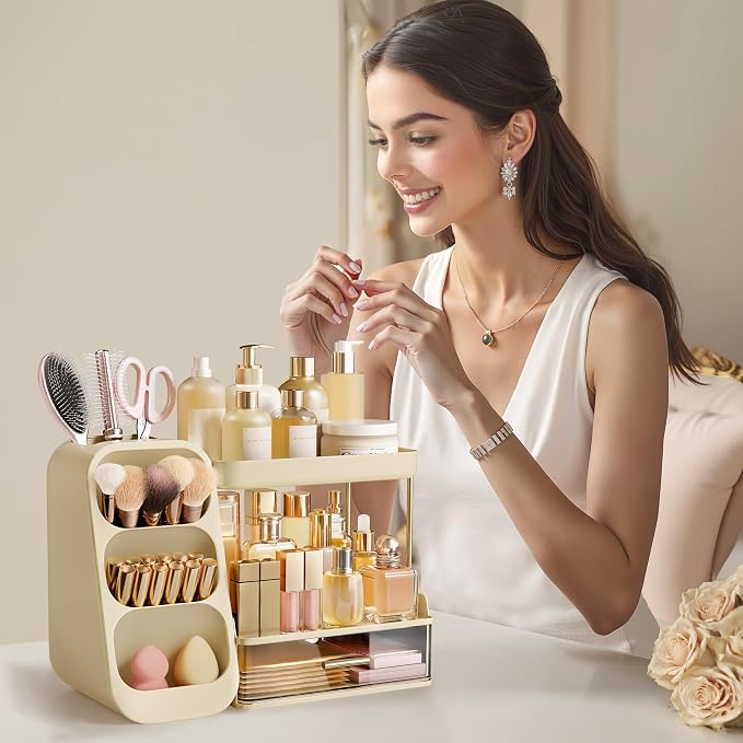 HBlife Bathroom Organizers and Storage with Brush Holder for Vanity, 3 Tier Plastic Makeup Organizer for Dresser Counter, Skincare, Lipstick, Perfume, and Cosmetic Storage, Beige - Image 6
