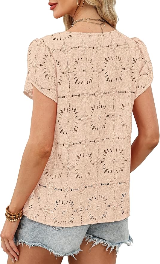 OFEEFAN Blouses for Women Dressy Casual Petal Short Sleeve Shirts Crochet Lace Boho Tops Spring Fashion Summer Outfits - Image 5