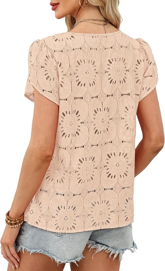 OFEEFAN Blouses for Women Dressy Casual Petal Short Sleeve Shirts Crochet Lace Boho Tops Spring Fashion Summer Outfits - Image 5