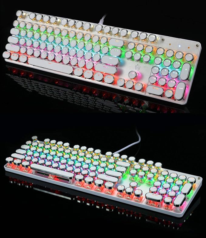 YSCP Typewriter Style Mechanical Gaming Keyboard Rainbow Backlit Wired with Blue Switch Retro Round Keycap 104 Keys Keyboard (L-White) - Image 5