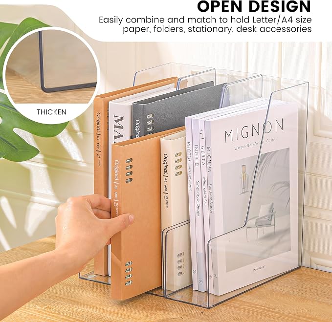 CiWiVOKi Vertical File Holder, PET Desk Organizer, Multi-purpose Plastic Document Storage Bins for Magazines, Binders, Notebooks, Envelopes, 2 Pack - Image 4