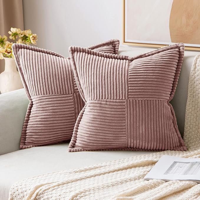 MIULEE Blush Pink Corduroy Decorative Euro Sham Pillow Covers 24x24 Inch with Splicing Set of 2 Soft Boho Pillow Covers Broadside Textured Pillowcases for Couch Bed Livingroom by MIULEE