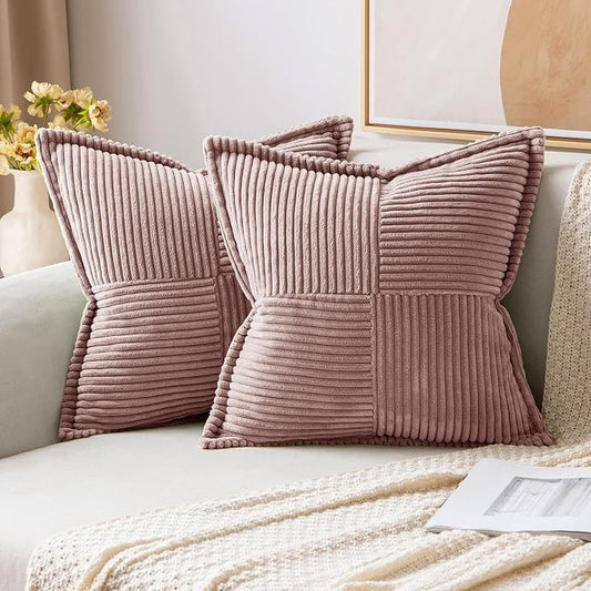 MIULEE Spring Decorative Throw Pillow Covers for Couch Bed Livingroom 18x18 Inch Set of 2 Blush Pink Boho Accent Throw Pllows Broadside Striped Patchwork Soft Corduroy Pillowcases Valentine Decor by MIULEE