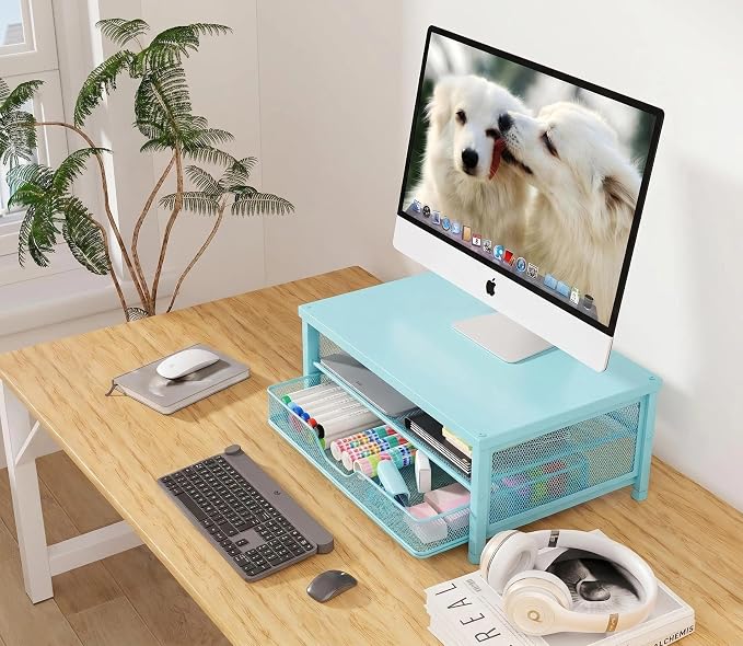OPNICE Computer Monitor Stand Riser, Desk Organizer with Drawer, Printer & Laptop Stand, Office Desk Accessories & Workspace Desktop Organizers Storage for Office Supplies(Blue) - Image 4