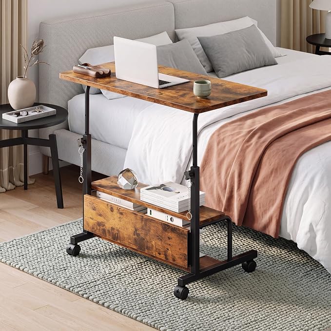 OLIXIS Rolling Desk, Storage Shelves, Laptop Table, Home Office | Height Adjustable Design, Computer Desks on Wheels, Portable for Small Spaces Use, Rustic Brown - Image 7