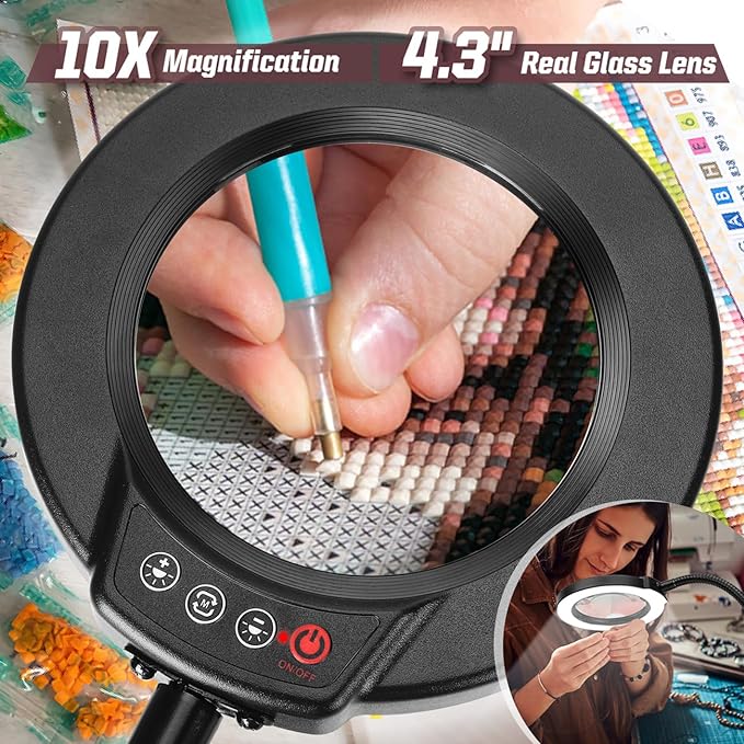 10X Magnifying Glass with Light and Stand, 5 Color Modes Stepless Dimmable LED Lighted Desk Lamp, Hands Free Magnifier with Flexible Goose-Neck for Craft Hobby Painting Sewing Close Work - Image 2