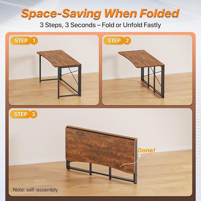 Huuger Folding Desk for Small Spaces, 31.5 Inch Foldable Computer Table, Easy Assembly, for Home Office, Study, Bedroom, Dorm, Space Saving, Small Writing Work Office Computer Desk, Rustic Brown - Image 7