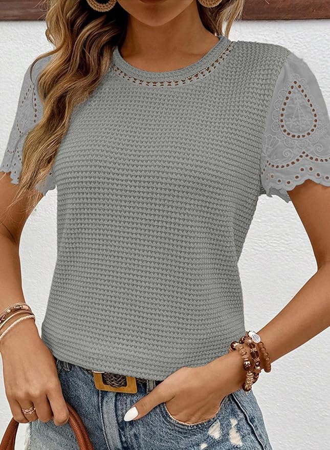 SHEWIN Womens Frenchy Summer Tops Crewneck Short Sleeve T Shirts Casual Waffle Knit Jacquard Blouses Top Shirts - Image 3