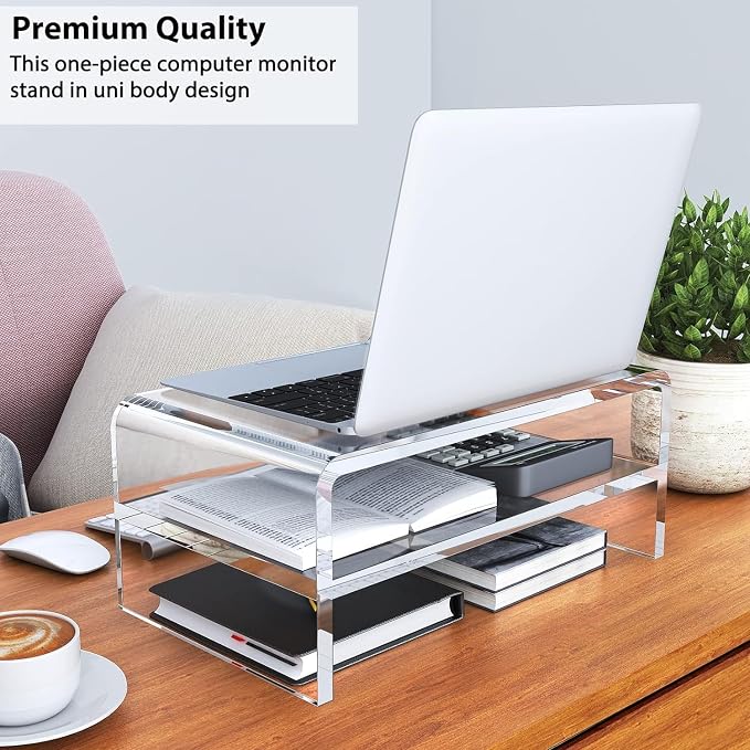 Egchi Acrylic Monitor Stand Riser, 2 Tier Clear Computer Monitor Stand for Home Office Business, PC Desk Stand Monitor Riser for Keyboard Storage, Laptop, Printer and TV Screen -12x7.2x5.12 inches - Image 6