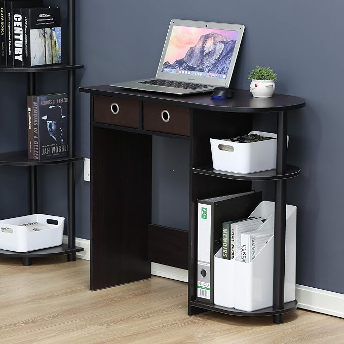 Furinno Go Green Desk, 31.5" Wide Gaming Desk with 2 Side Shelves and Storage Bins, Computer Desk, Office Desk for Home Office, Study Room, Dorm, Bedroom, Dark Walnut - Image 2