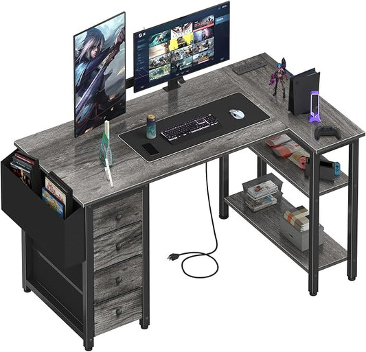 Lufeiya L Shaped Computer Desk with Drawers & Storage Shelves, 47 Inch Small Corner Desk with Power Outlet for Home Office Bedroom, L-Shaped Gaming PC Desks with Fabric Drawer, Gray by LUFEIYA