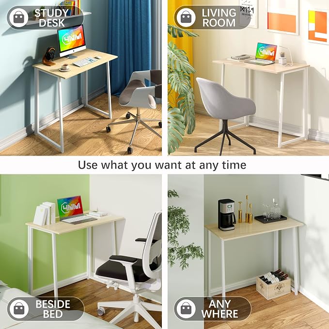 4NM 31.5" Small Folding Desk, Foldable Computer Home Office Desk, Study Writing Table for Small Space Saving Bedroom, Easy Assembly - Natural and White - Image 6