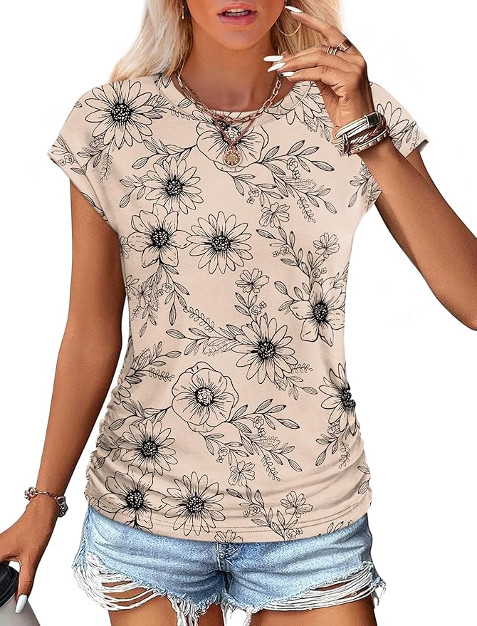 Sampeel Womens Summer Tops Trendy 2026 Ruched Cap Short Sleeve Tshirts Shirts Crew Neck T Shirts Fashion - Image 2