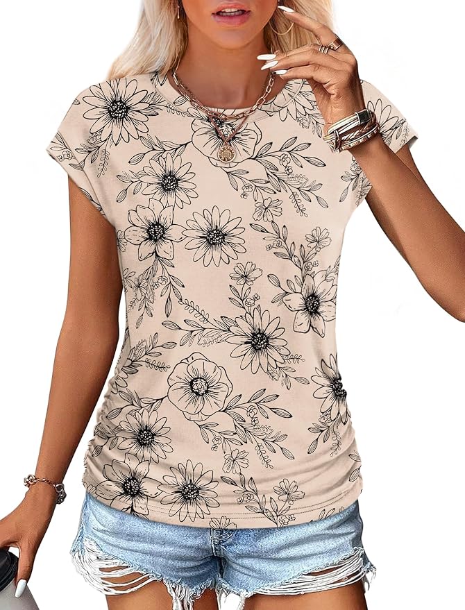 Sampeel Womens Summer Tops Trendy 2026 Ruched Cap Short Sleeve Tshirts Shirts Crew Neck T Shirts Fashion - Image 2