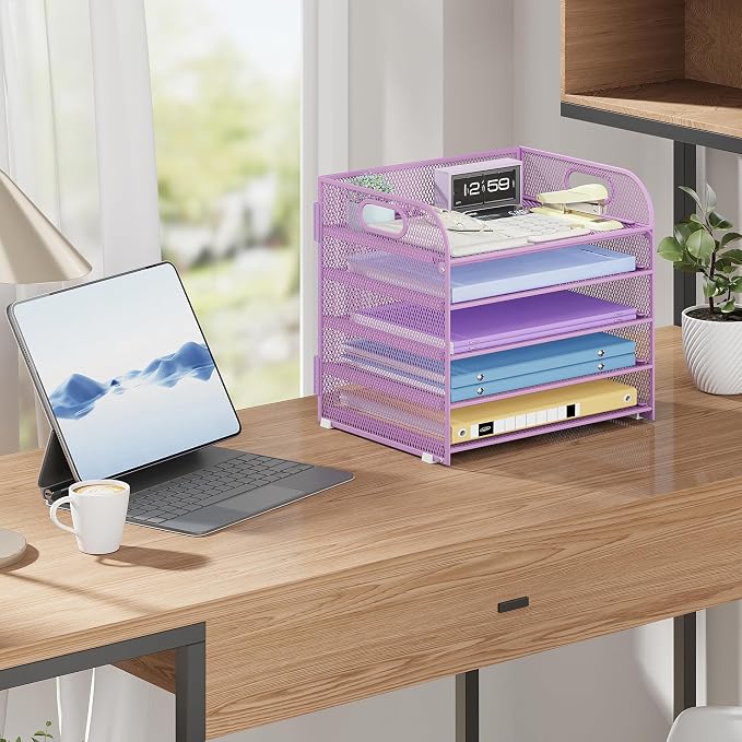 Cawukege 5 Tier Paper Organizer with Handle, Metal Mesh Desk Organizer File Folder Paper Letter Tray Desktop Document Sorter for Classroom, School, Office Accessories Organization and Storage - Purple - Image 8