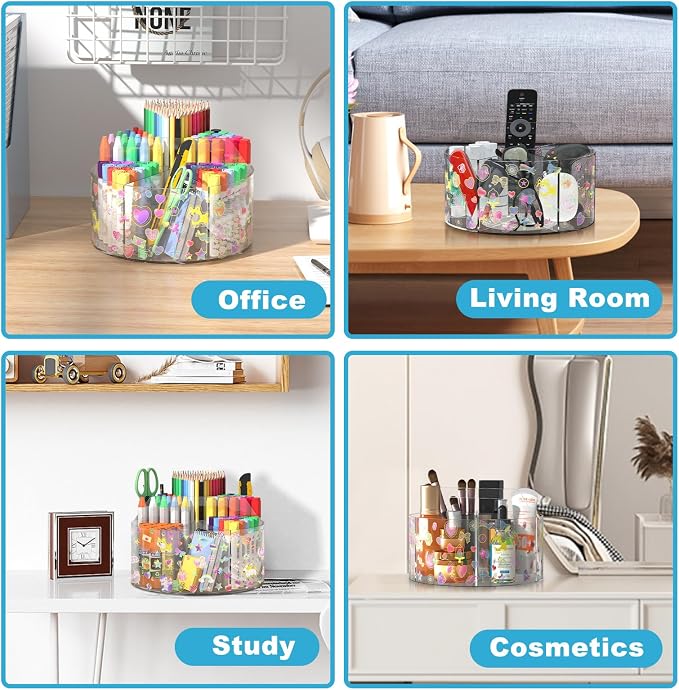 Acrylic Pen Holder for Desk Organizer Holder with 2 Adhesive DIY Stickers | Marker Holder Organizer with 2 Cute Sticker, 360 Degree Office Supply Organizer Clear Pencil Holder for Kid 6 Compartments - Image 7